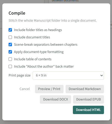 DraftHarbor’s Compile dialog with export and front-matter options