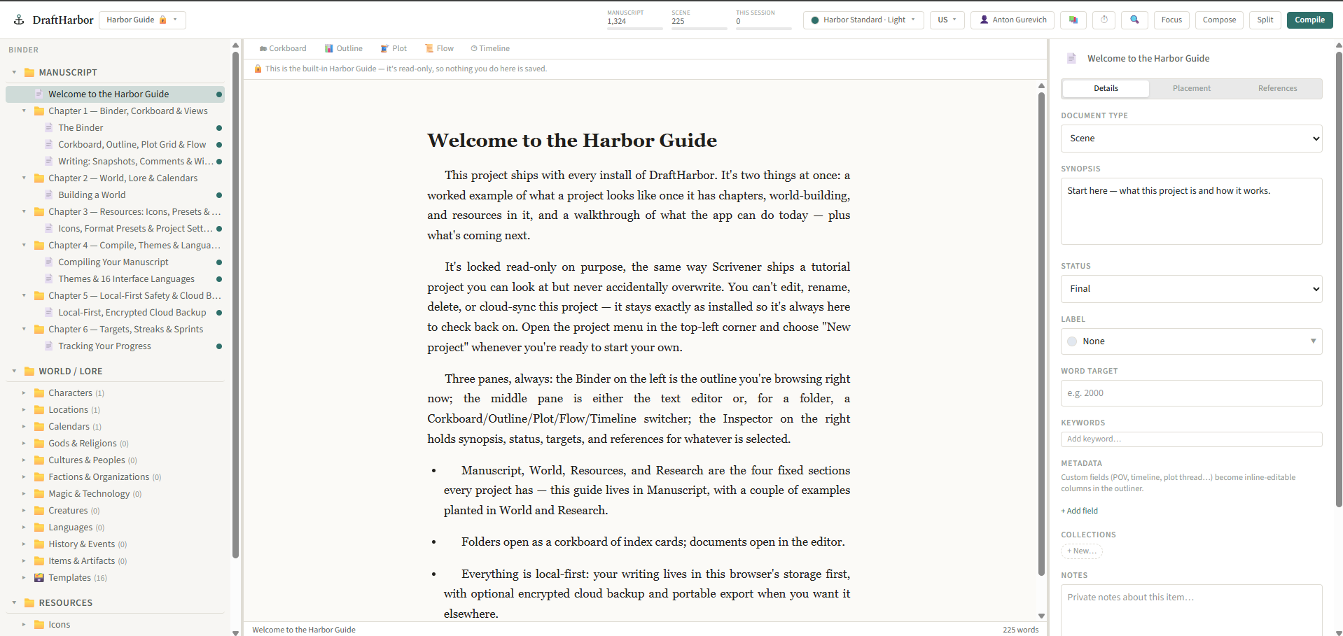 DraftHarbor’s three-pane workspace: Binder, editor, and Inspector