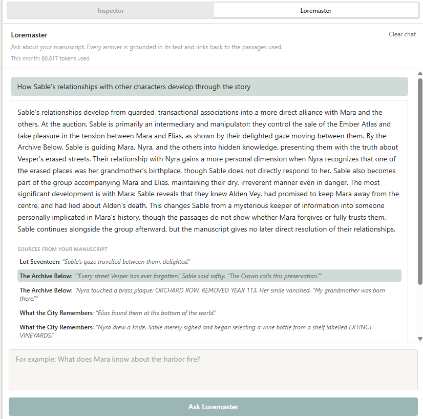 Loremaster answer with manuscript source passages